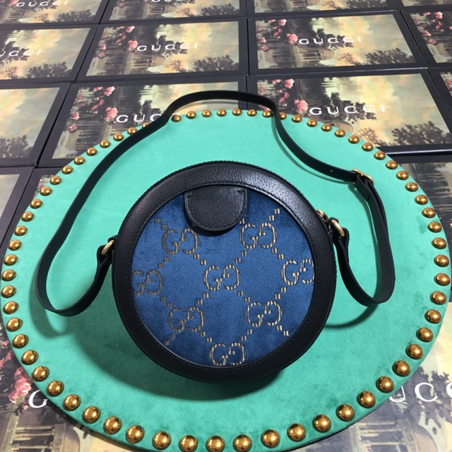 Gucci經典款女包 574978 古馳單肩女包 Gucci圓形女包 雙G標誌天鵝絨圓餅斜挎包  gqy3223